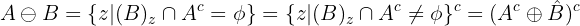 $$A \ominus B = \{ z|(B)_z \cap A^c = \phi \} = \{ z|(B)_z \cap A^c \neq \phi \}^c = (A^c \oplus \hat{B})^c$$ $$A \ominus B = \{ z|(B)_z \cap A^c = \phi \} = \{ z|(B)_z \cap A^c \neq \phi \}^c = (A^c \oplus \hat{B})^c$$